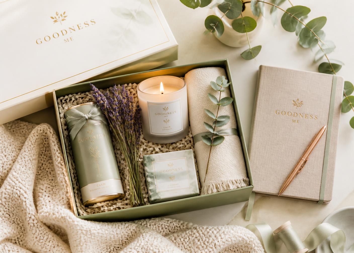 Elegant sage green gift box with a candle, lavender, journal and soft blanket